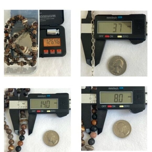 Sterling Silver 925 Tiered Brown Jasper Agate Layered 3 Strand Beaded Necklace - Picture 10 of 16